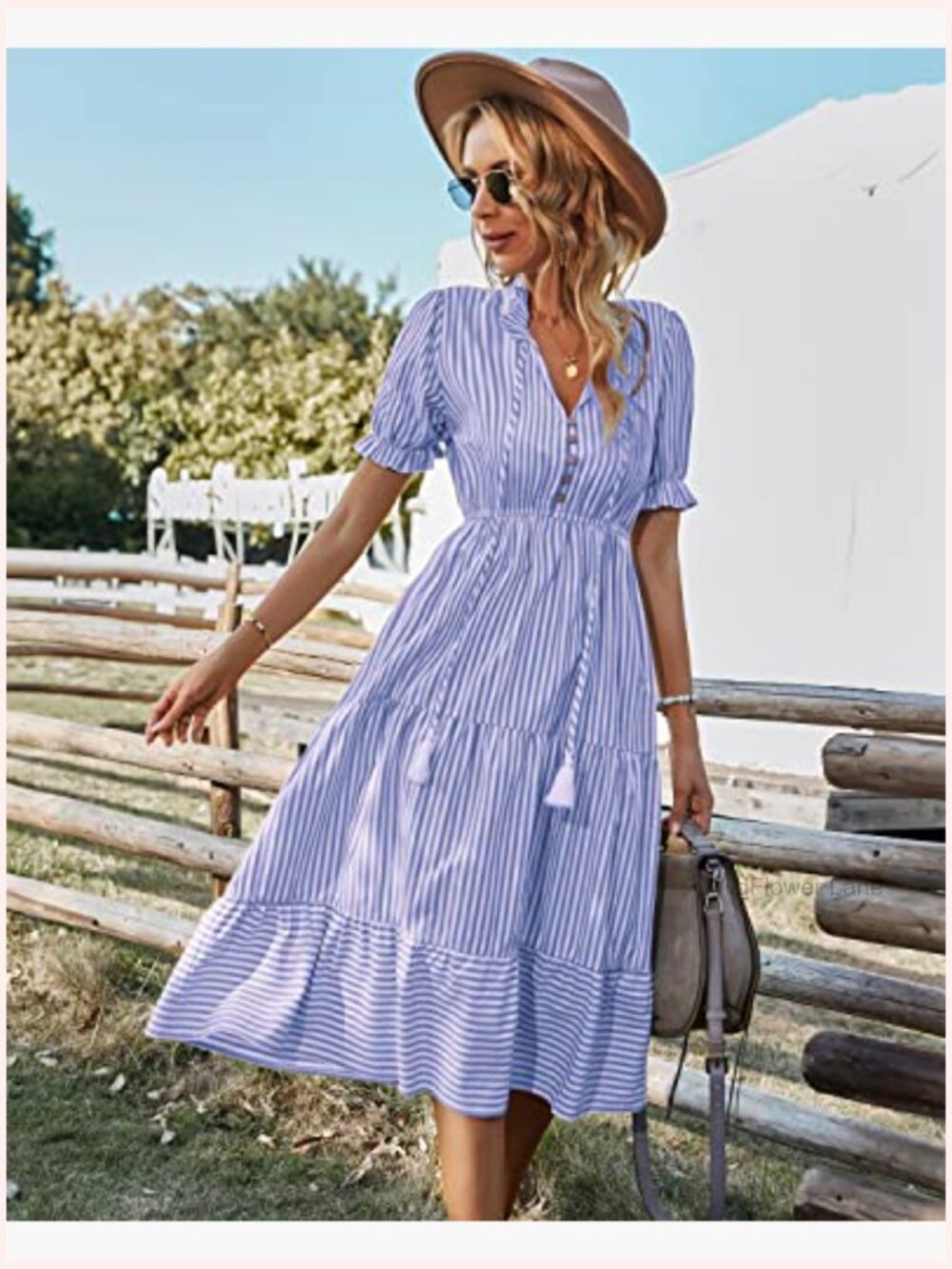 Women's Summer Ruffle Puff Sleeve V-Neck High Waist Midi Striped Dress - Picture 6 of 7